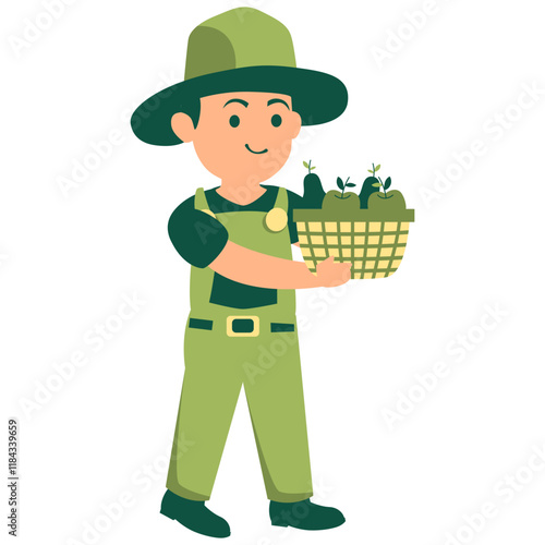 Cartoon gardener holding a basket of plants and flowers.