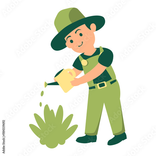 Gardener watering a green plant with a yellow watering can.