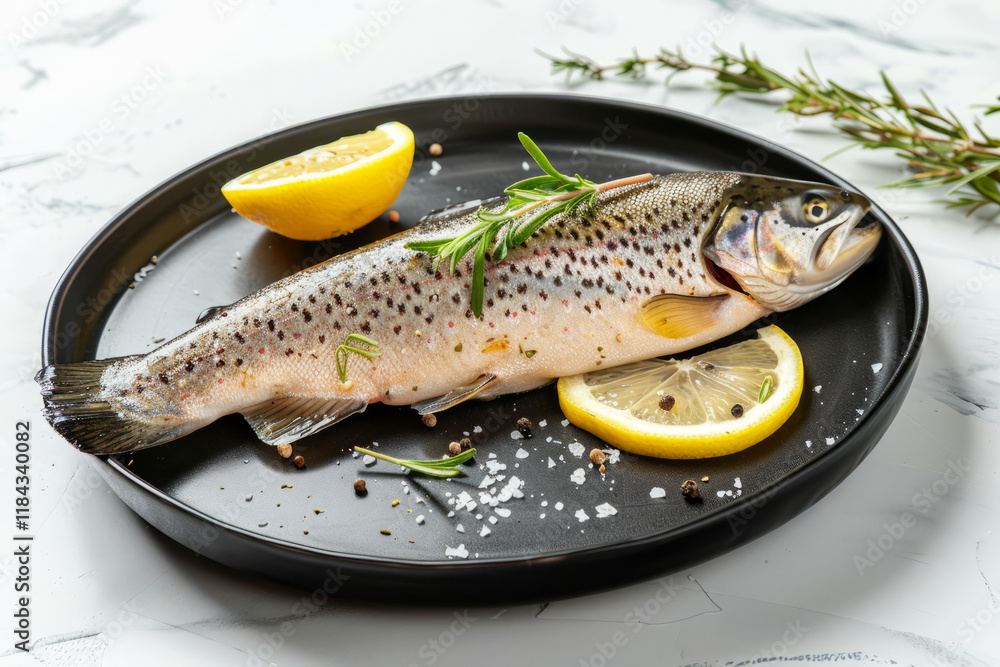 Raw fish trout with lemons and rosemary, prepared for cooking Raw fish trout with lemons and rosemary, prepared for cooking