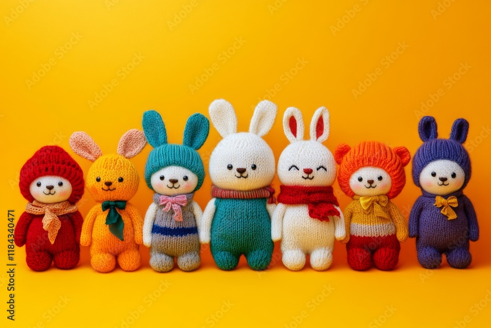 Colorful knitted toys including bunnies, bears, and human-like figures arranged in a row on yellow background, perfect for copy space. Colorful knitted toys including bunnies, bears, and human-like figures arranged in a row on yellow background, perfect for copy space.