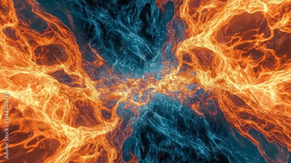 Fototapeta premium Abstract Fiery Explosion with Sharp Plasma Bursts Against a Dynamic Background of Blue and Orange Colors