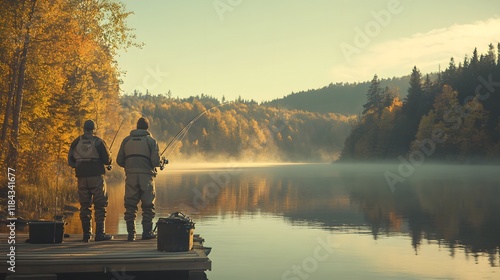 Fototapeta Naklejka Na Ścianę i Meble -  Tranquil Autumn Fishing Scene at Sunrise by the Serene Lake with Two Anglers Enjoying a Peaceful Day Surrounded by Vibrant Fall Foliage and Morning Mist