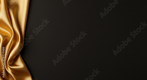 Golden silk satin . Silky shiny fabric Dark luxury background with space for design. Banner Wide Long Panoramic Empty Flat lay top view
