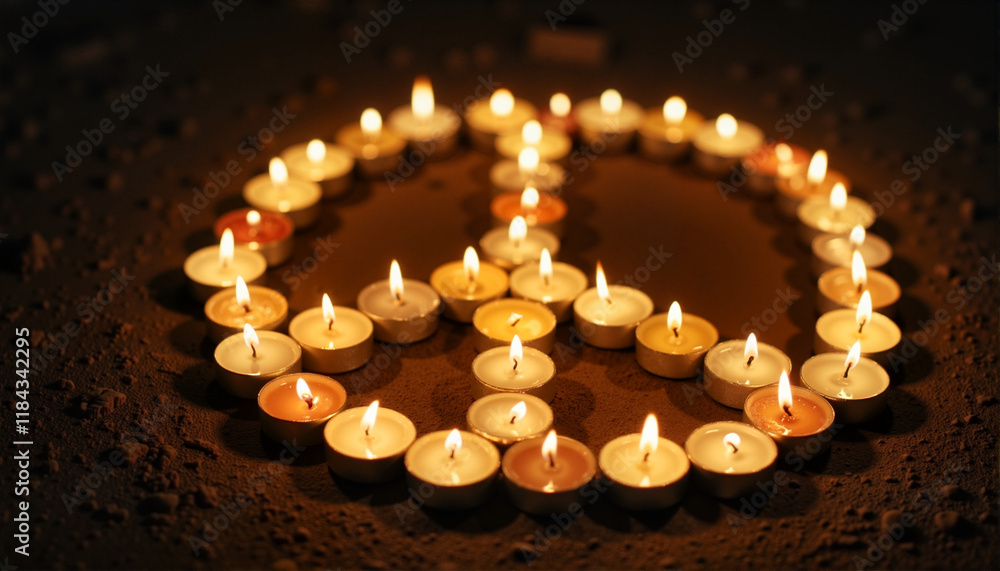 Candles arranged in a peace sign on a dark background, Peace Day Candles arranged in a peace sign on a dark background, Peace Day