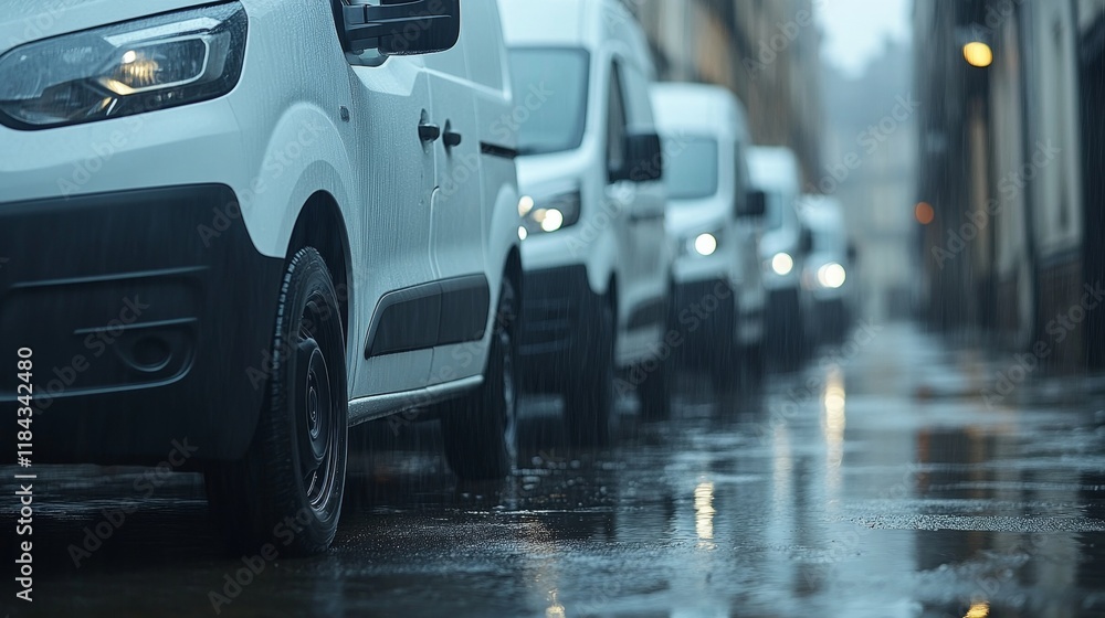 Fleet of White Commercial Vans Parked in a Row on Wet Asphalt Reflecting a Cloudy Sky Fleet of White Commercial Vans Parked in a Row on Wet Asphalt Reflecting a Cloudy Sky