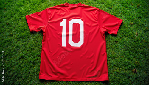 Red soccer jersey with number 10 on green grass, Start of the Football Season photo