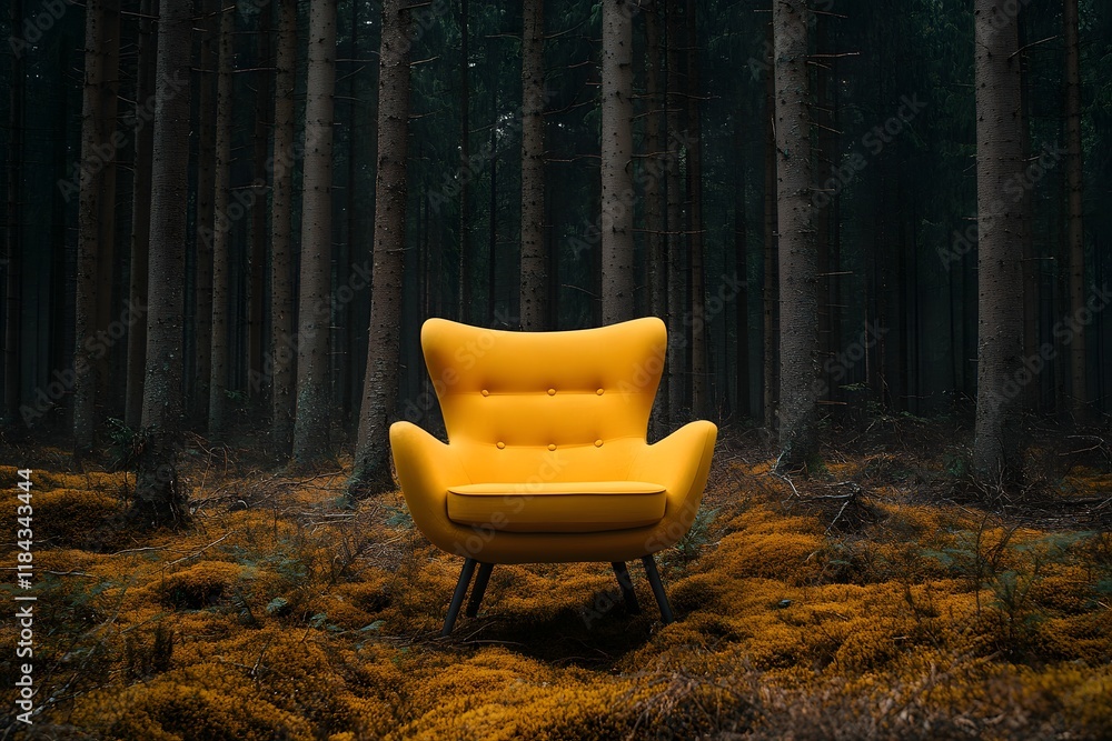 A photograph of an armchair in the middle of a dark forest. The chair is yellow with black legs, creating a cinematic, minimalist scene A photograph of an armchair in the middle of a dark forest. The chair is yellow with black legs, creating a cinematic, minimalist scene