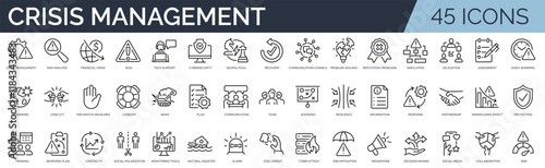 Set of 45 outline icons related to crisis management. Linear icon collection. Editable stroke. Vector illustration	