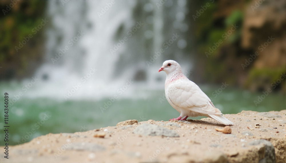 Fototapeta premium White dove standing on sandy shore near a waterfall, Peace Day