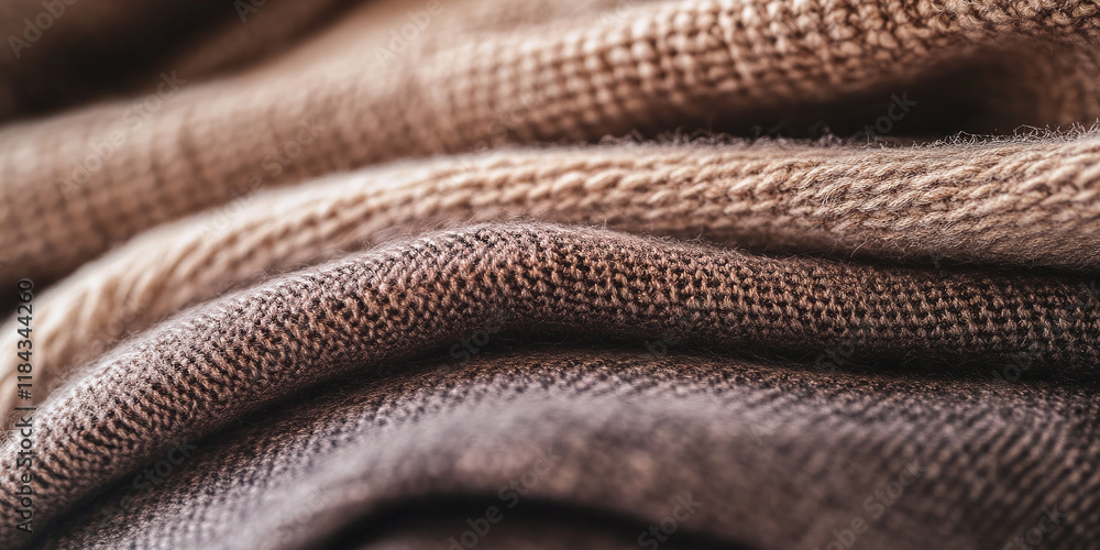 Close-up view of soft, cozy woolen fabrics in neutral earthy tones. Folded layers highlight the texture and warmth of knitted material for winter. Close-up view of soft, cozy woolen fabrics in neutral earthy tones. Folded layers highlight the texture and warmth of knitted material for winter.