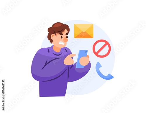 illustration of a man blocking a number because of annoying calls and messages. blocking because of spam. angry and upset. expression, emotion, and gesture. flat style character design. elements
