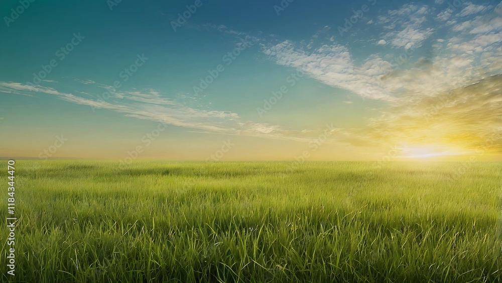 Fototapeta premium Serene Grassy Field Gradient Background with Emerald Green, Golden Yellow, and Bright Azure