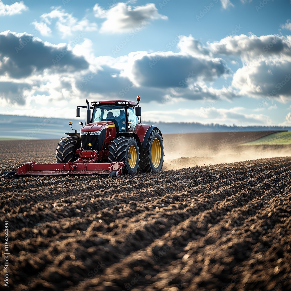 Fototapeta premium Modern tractor plowing soil in a large field during spring