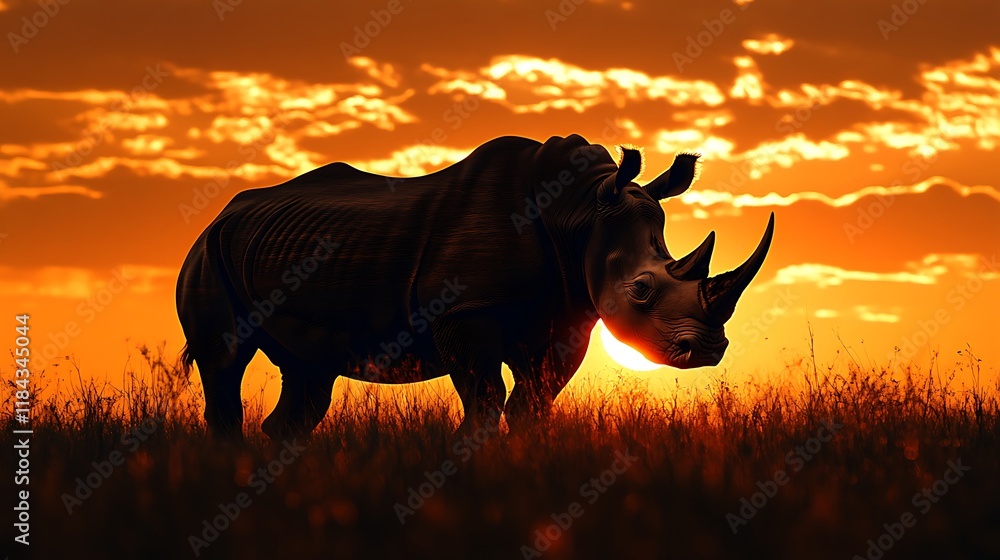 Fototapeta premium Silhouetted rhino at sunset in African savanna.