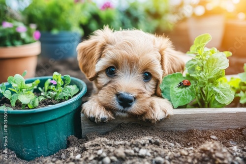 A fluffy Shih Tzu puppy exploring a garden with a tiny ladybug resting on its nose