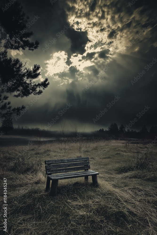 An empty wooden bench sits isolated in a shadowy landscape, evoking feelings of solitude and contemplation. An empty wooden bench sits isolated in a shadowy landscape, evoking feelings of solitude and contemplation.