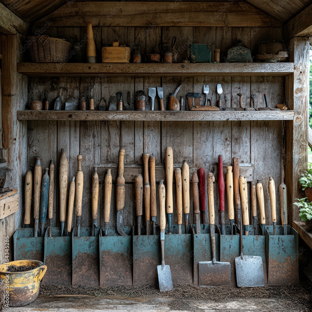 A set of agricultural tools neatly arranged in a barn A set of agricultural tools neatly arranged in a barn