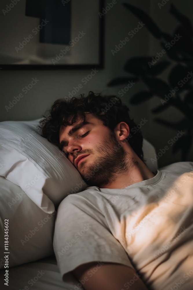 A young man sleeps on a soft pillow, illuminated by gentle sunlight, creating a serene atmosphere. A young man sleeps on a soft pillow, illuminated by gentle sunlight, creating a serene atmosphere.