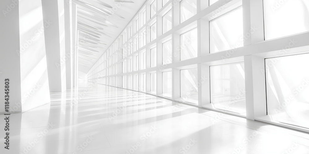 Fototapeta premium A spacious, bright white corridor showcases modern architectural design elements and natural light.
