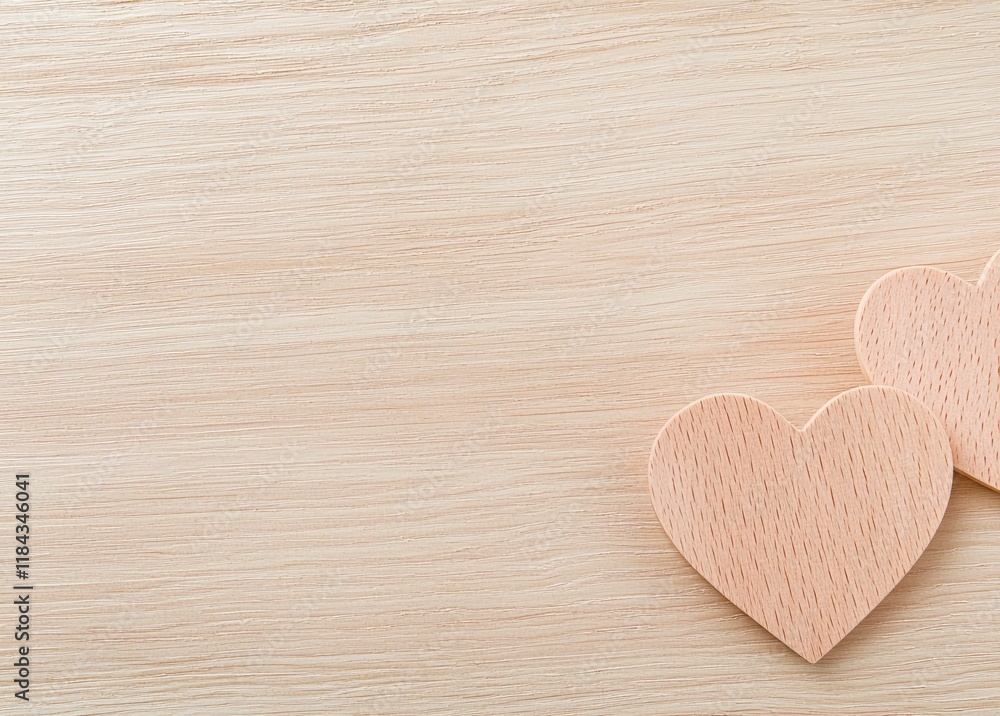 A light wooden background with two small, elegant hearts on the right, leaving space for text or design. Soft beige tones enhance the minimalist, romantic vibe, perfect for Valentine's Day theme A light wooden background with two small, elegant hearts on the right, leaving space for text or design. Soft beige tones enhance the minimalist, romantic vibe, perfect for Valentine's Day theme