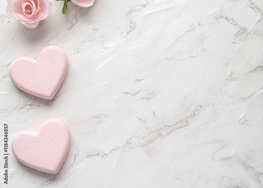 Fototapeta premium A Valentine's Day background featuring pink hearts and roses on a white marble table, captured in a flat lay top view. Offers ample copy space, perfect for romantic designs or festive promotions