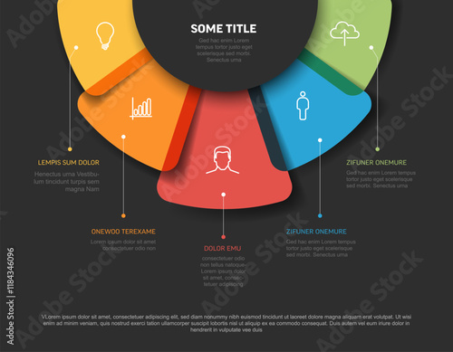 Vector multipurpose Infographic template with five rounded semi transparent elements on the top, description and icons on fan paper with black center. Simple infograph template