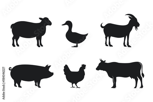 Silhouettes of Farm Animals. Cow, Pig, Sheep, Lamb, Duck, Goat, and Hen vector. Livestock icons. Farm Animals icon.