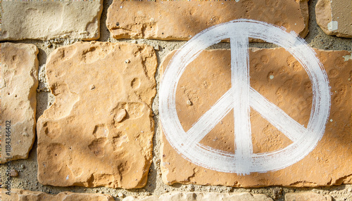 Peace symbol painted on textured stone wall, Peace Day photo