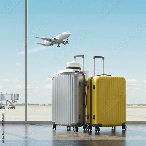 Travel Essentials Displayed in a Bright Airport Lounge with Airplane Taking Off in the Distance