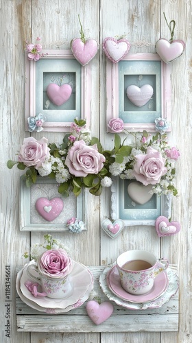 Valentine's Day Shabby Chic Decor Romantic Setup Floral Arrangements Cozy Home Environment Heartfelt Atmosphere