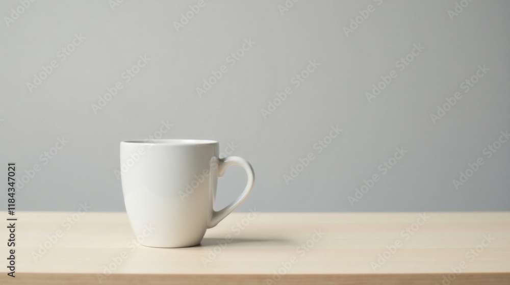 A simple white mug sits on a light wood surface against a muted grey background A simple white mug sits on a light wood surface against a muted grey background