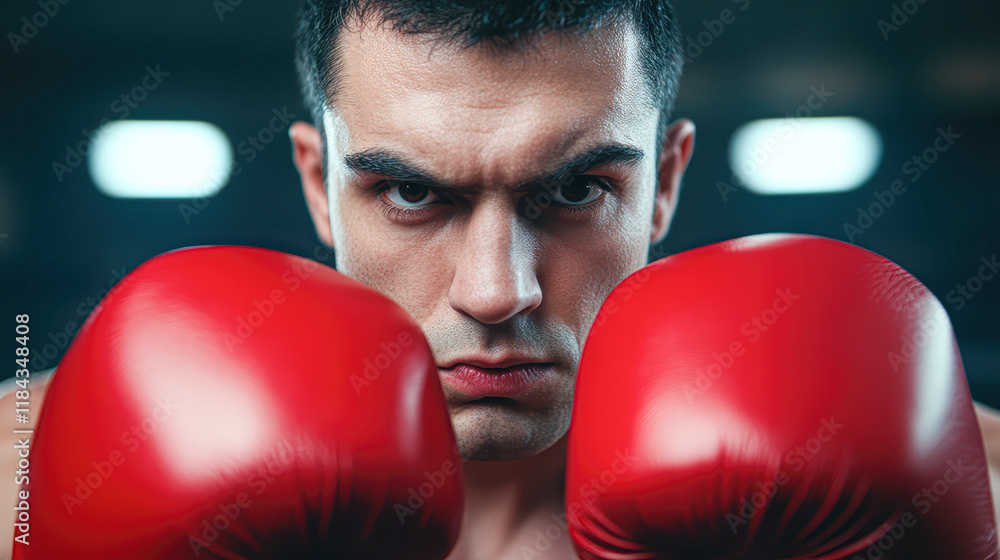 A man wearing red boxing gloves is looking at the camera A man wearing red boxing gloves is looking at the camera