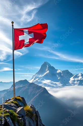 Swiss flag waving atop mountain peak, majestic alps in background. photo