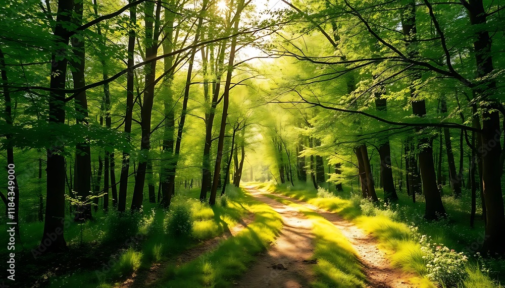 Obraz premium Sunlit Forest Path: A Serene, Lush Green Landscape