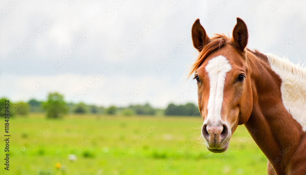 American Paint Horse gazing in open pasture, serene beauty American Paint Horse gazing in open pasture, serene beauty
