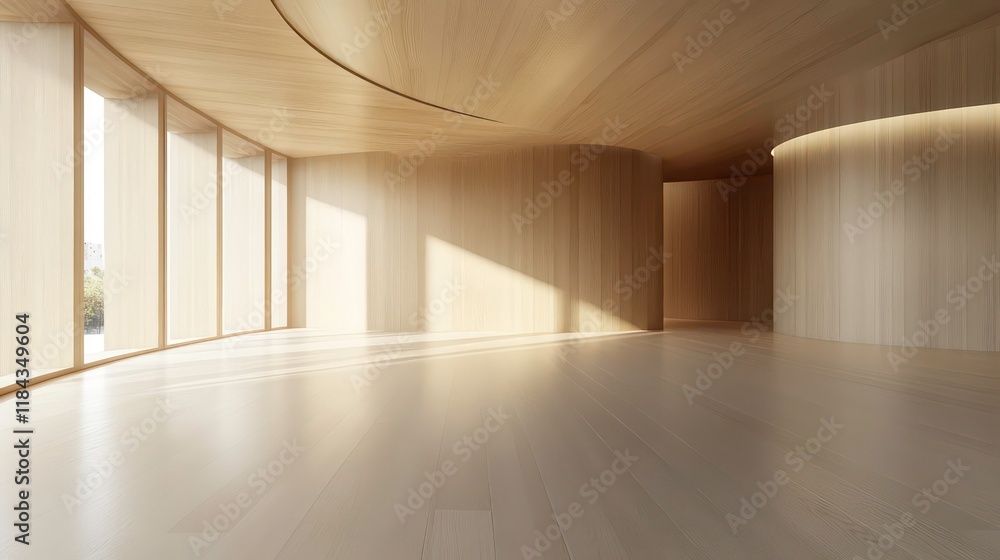 Obraz premium Spacious Light Wood Room: Curved Corner, Soft Lighting, Realistic Textures, Empty Interior, White Ceiling and Floor