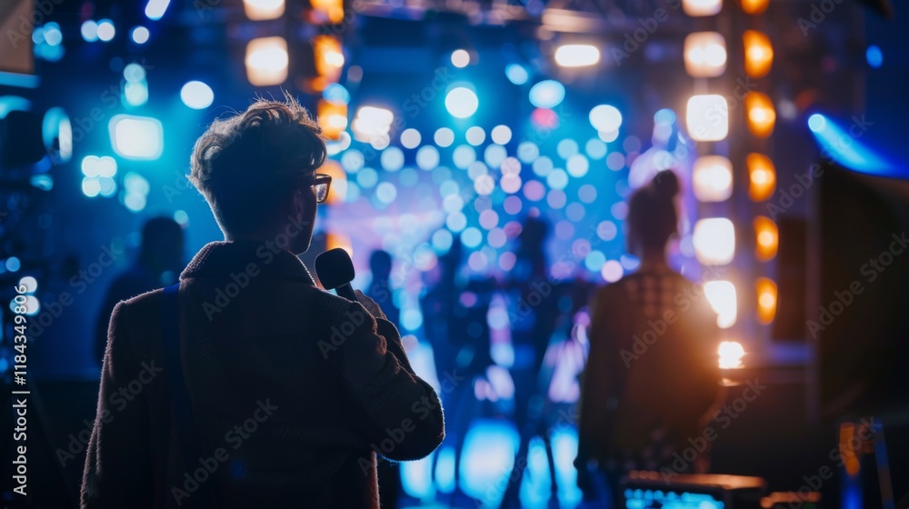 Journalist interviewing celebrity in modern studio with bright lights, blurred background of TV cameras and crew. Journalist interviewing celebrity in modern studio with bright lights, blurred background of TV cameras and crew.