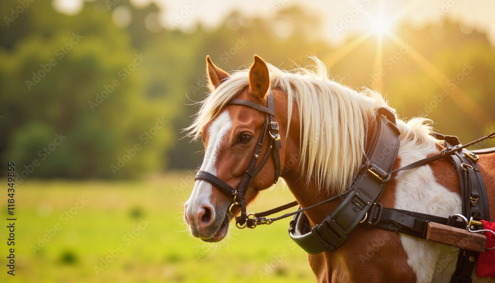 Obraz premium Majestic Gypsy Cob horse standing in green pasture at sunset, rural beauty