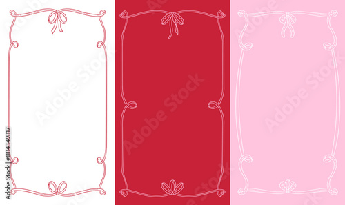 Vintage 9x16 frame set in hand drawn doodle style for Valentine s day greeting card, wedding, birthday, retro party invitation. Wavy frames with bow in elegant coquette style. Vector illustration.