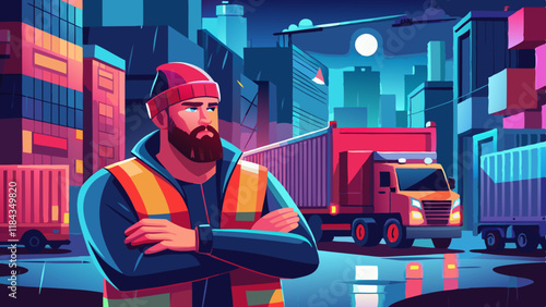 "Night Scene at Truck Depot with Bearded Man in Reflective Gear – Industrial Worker Illustration"

