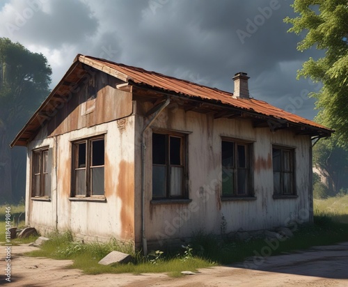 Abandoned outbuilding with broken windows and rusted metal roof, rural landscape, abandoned buildings, overgrowth photo