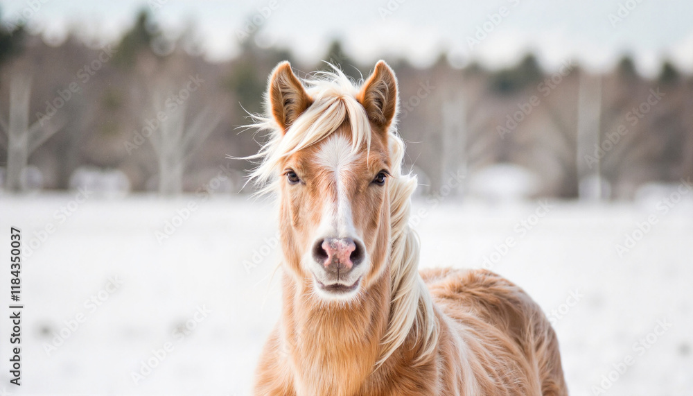 Gotland Pony standing in snow with trees in background, serene beauty Gotland Pony standing in snow with trees in background, serene beauty