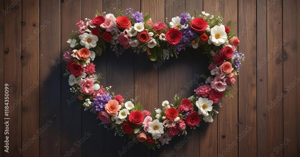 A heart-shaped wreath made of flowers on a wooden door, door, wooden A heart-shaped wreath made of flowers on a wooden door, door, wooden