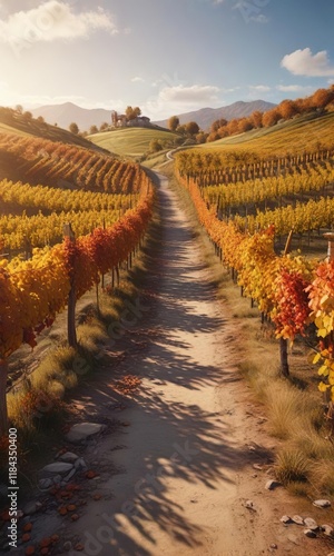 A winding path through vineyards during autumn, path, vines, rural landscape photo