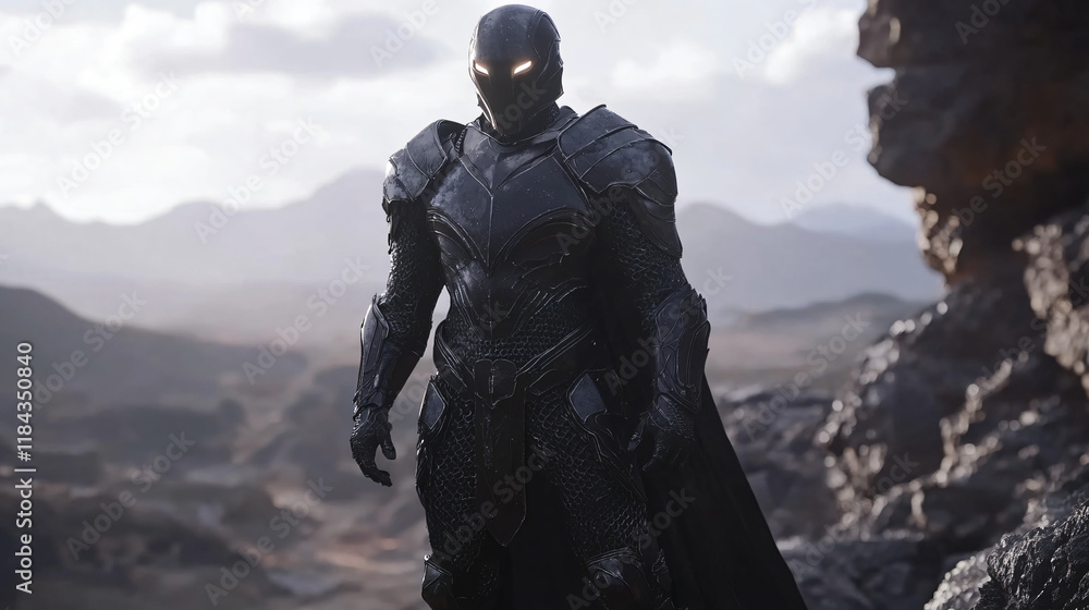 A knight in gleaming black armor stands before a fortress at night. His face is concealed, and only the faint glow of his eyes can be seen beneath the helm. An icy stillness hangs in the air. A knight in gleaming black armor stands before a fortress at night. His face is concealed, and only the faint glow of his eyes can be seen beneath the helm. An icy stillness hangs in the air.