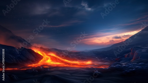 Majestic Eruption of Lava Flow Under a Dramatic Sky at Dusk, Illuminating the Landscape with Fiery Orange and Red Glow, Nature's Raw Power on Display photo