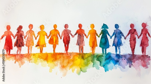 Colorful Silhouette of Diverse People Holding Hands Together in Unity Against a White Background Expressing Love, Solidarity, and Inclusivity Through Watercolor Art