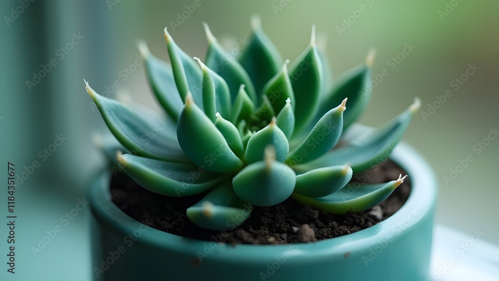 Fototapeta premium Close-up of a Lush Green Succulent in a Teal Minimalist Pot, Botanical Photography