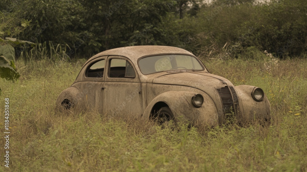 Fototapeta premium Rusted vintage car abandoned in overgrown field. (7)