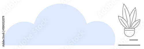 Large cloud shape in soft blue beside a potted plant integration of natural elements and cloud technology. Ideal for technology, nature, ecology, data storage, growth, sustainability, digital